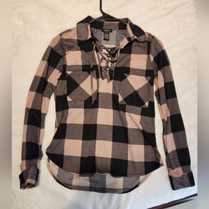 XS pink and black plaid shirt